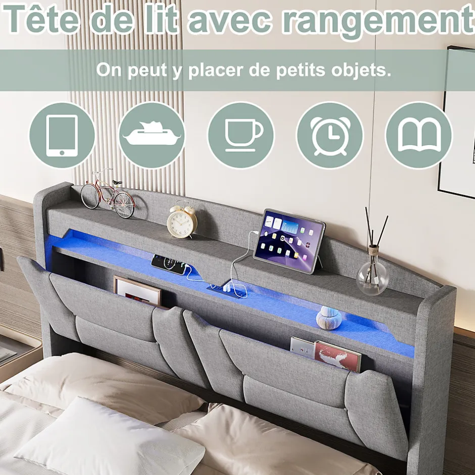 Fortuna lai Lit coffre 140x200cm avec LED et ports USB, tête de lit rembourrée et espace de rangement, gris, lin
