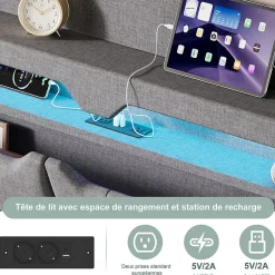 Fortuna lai Lit coffre 140x200cm avec LED et ports USB, tête de lit rembourrée et espace de rangement, gris, lin