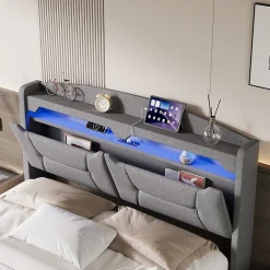 Fortuna lai Lit coffre 140x200cm avec LED et ports USB, tête de lit rembourrée et espace de rangement, gris, lin