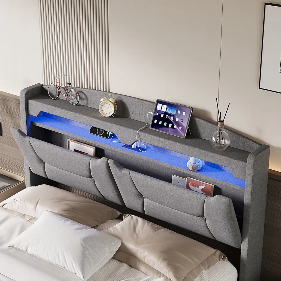 Fortuna lai Lit coffre 140x200cm avec LED et ports USB, tête de lit rembourrée et espace de rangement, gris, lin