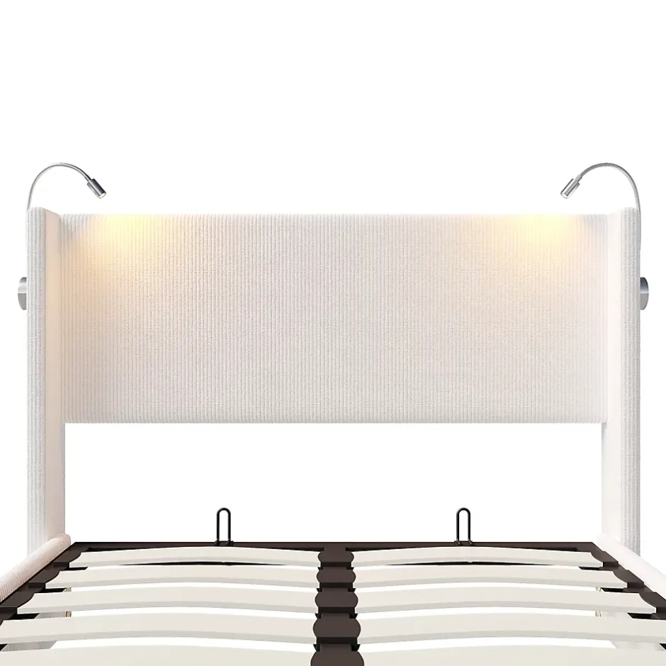 Fortuna lai Lit Coffre 140x200cm avec LED et USB, Cadre de lit capitonné en Velours côtelé, lit 2 Personnes avec sommier,scandinave Blanc Best