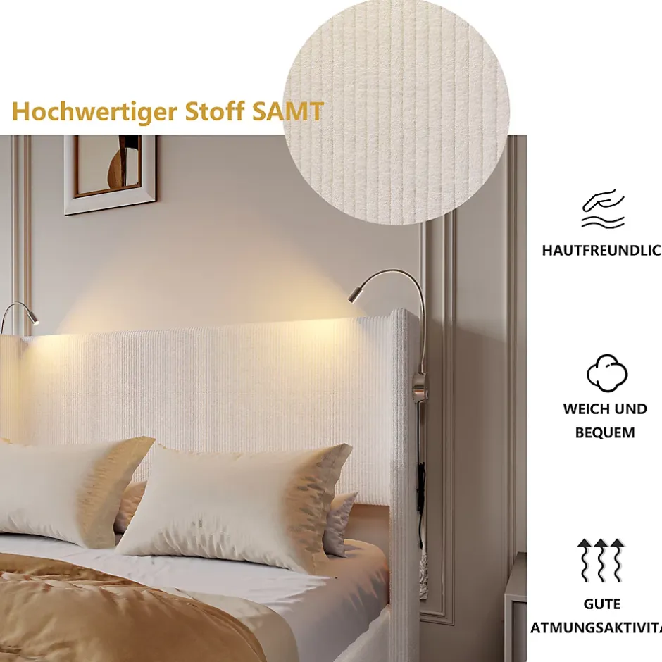Fortuna lai Lit Coffre 140x200cm avec LED et USB, Cadre de lit capitonné en Velours côtelé, lit 2 Personnes avec sommier,scandinave Blanc Best