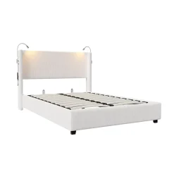Fortuna lai Lit Coffre 140x200cm avec LED et USB, Cadre de lit capitonné en Velours côtelé, lit 2 Personnes avec sommier,scandinave Blanc Best