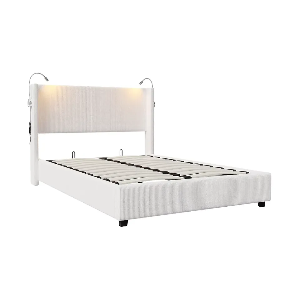 Fortuna lai Lit Coffre 140x200cm avec LED et USB, Cadre de lit capitonné en Velours côtelé, lit 2 Personnes avec sommier,scandinave Blanc Best