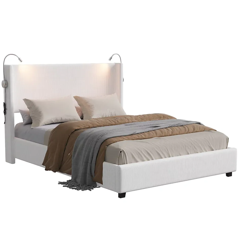 Fortuna lai Lit Coffre 140x200cm avec LED et USB, Cadre de lit capitonné en Velours côtelé, lit 2 Personnes avec sommier,scandinave Blanc Best
