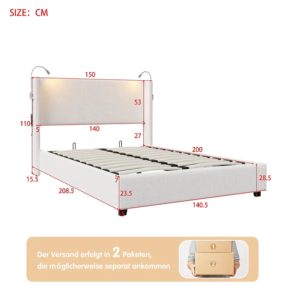 Fortuna lai Lit Coffre 140x200cm avec LED et USB, Cadre de lit capitonné en Velours côtelé, lit 2 Personnes avec sommier,scandinave Blanc Best