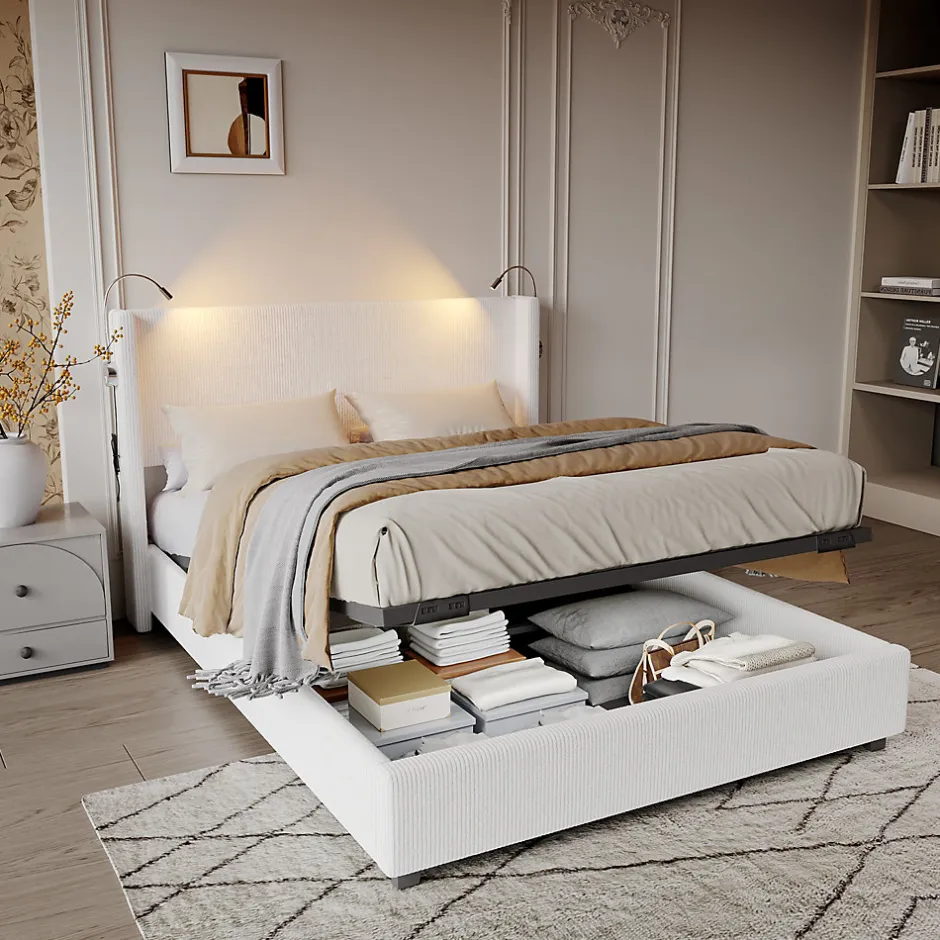 Fortuna lai Lit Coffre 140x200cm avec LED et USB, Cadre de lit capitonné en Velours côtelé, lit 2 Personnes avec sommier,scandinave Blanc Best