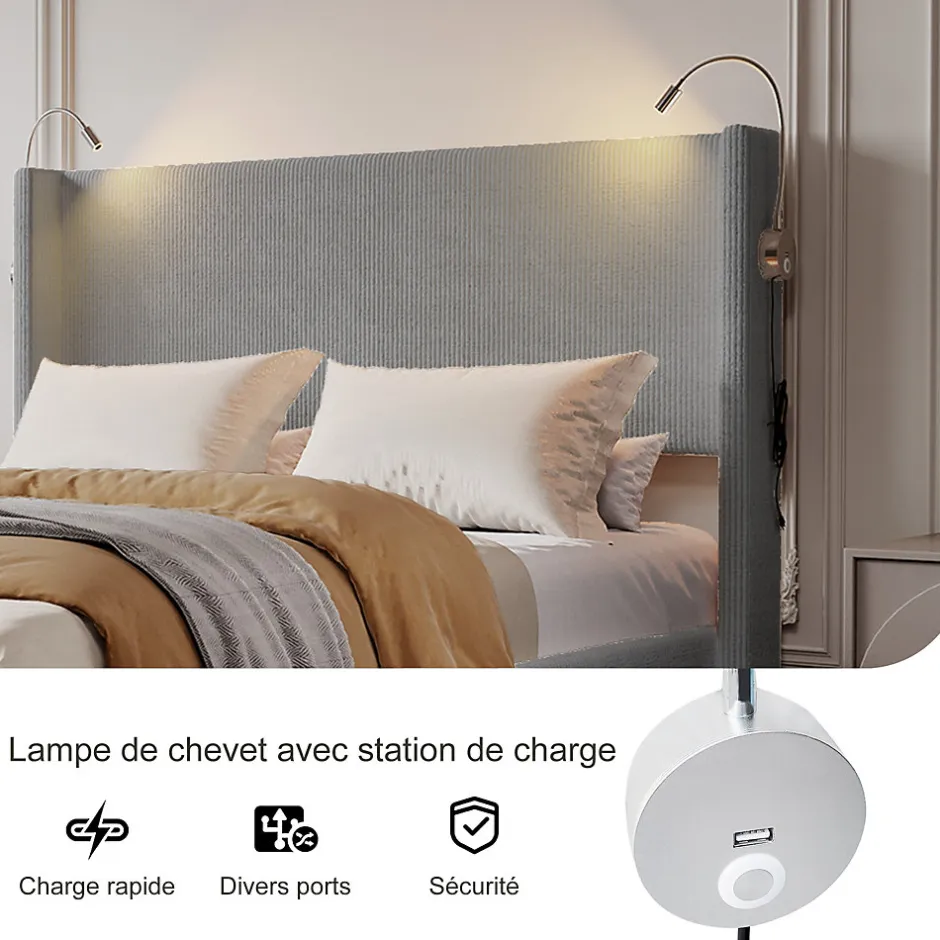 Fortuna lai Lit Coffre 140X200cm avec LED et USB, Cadre de lit capitonné en Velours cotelé,gris