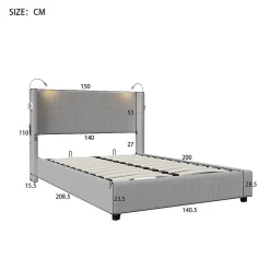 Fortuna lai Lit Coffre 140X200cm avec LED et USB, Cadre de lit capitonné en Velours cotelé,gris
