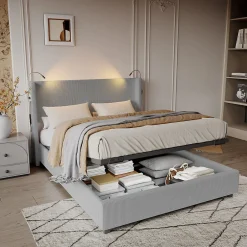 Fortuna lai Lit Coffre 140X200cm avec LED et USB, Cadre de lit capitonné en Velours cotelé,gris