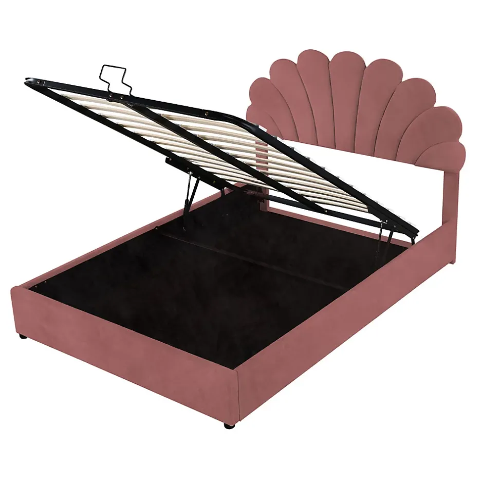 ProximaX Lit coffre 140x200cm, avec sommier à lattes et tête de lit fleurie, réglable en hauteur, tissu velours, rouge haricot Outlet