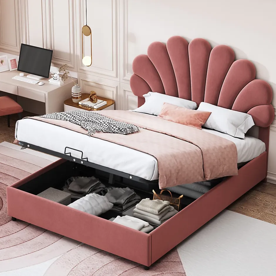 ProximaX Lit coffre 140x200cm, avec sommier à lattes et tête de lit fleurie, réglable en hauteur, tissu velours, rouge haricot Outlet