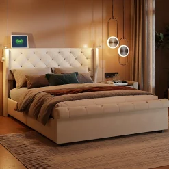 Simple Life Lit coffre 140x190cm avec tête de lit, liseuse avec chargement USB, sommier à lattes, cadre de lit