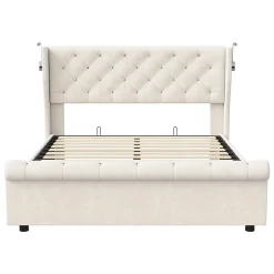 Simple Life Lit coffre 140x190cm avec tête de lit, liseuse avec chargement USB, sommier à lattes, cadre de lit