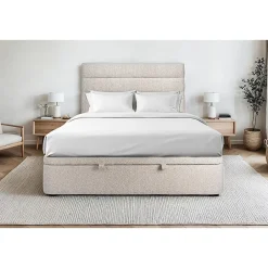 Sommeil De Plomb Lit coffre 200x200cm avec tête de lit lignes Bouclette Beige - Hauteur totale : 39cm