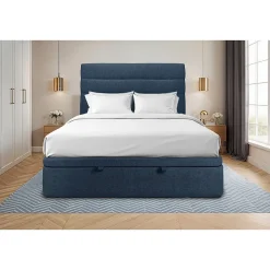 Sommeil De Plomb Lit coffre 180x200cm avec tête de lit lignes Tissu Bleu - Hauteur totale : 39cm Outlet