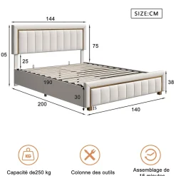 Fortuna lai Lit coffre 140x190cm avec tête de lit capitonnée, sommier à lattes, velours, finitions dorées, beige