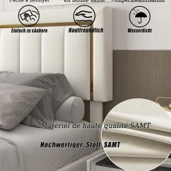 Fortuna lai Lit coffre 140x190cm avec tête de lit capitonnée, sommier à lattes, velours, finitions dorées, beige