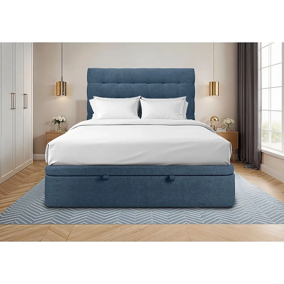 Sommeil De Plomb Lit coffre 140x190cm avec tête de lit capitonnée Tissu Bleu - Hauteur totale : 39cm Best