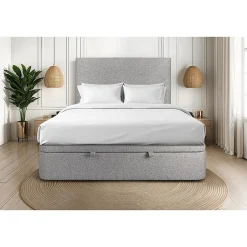Sommeil De Plomb Lit coffre 140x190cm avec tête de lit tapissier Bouclette Gris - Hauteur totale : 39cm