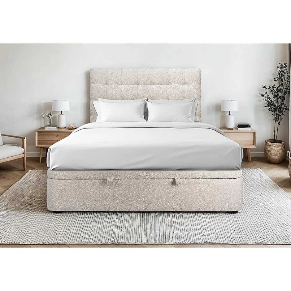Sommeil De Plomb Lit coffre 140x200cm avec tête de lit capitonnée Bouclette Beige - Hauteur totale : 39cm