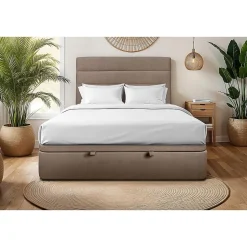 Sommeil De Plomb Lit coffre 140x200cm avec tête de lit lignes Velours Taupe - Hauteur totale : 39cm New