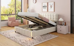 Fortuna lai Lit Coffre 160x200cm, Cadre De Lit Rembourré Avec Éclairage LED Et Sommier à Lattes, Velours Beige