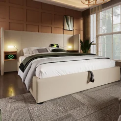 ModernLuxe Lit coffre 180x200cm en lin - 2 tables de chavet avec liseuse - avec sommier à lattes - Beige