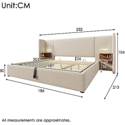 ModernLuxe Lit coffre 180x200cm en lin - 2 tables de chavet avec liseuse - avec sommier à lattes - Beige
