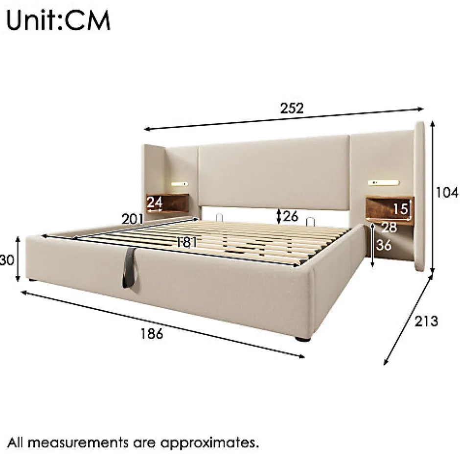 ModernLuxe Lit coffre 180x200cm en lin - 2 tables de chavet avec liseuse - avec sommier à lattes - Beige