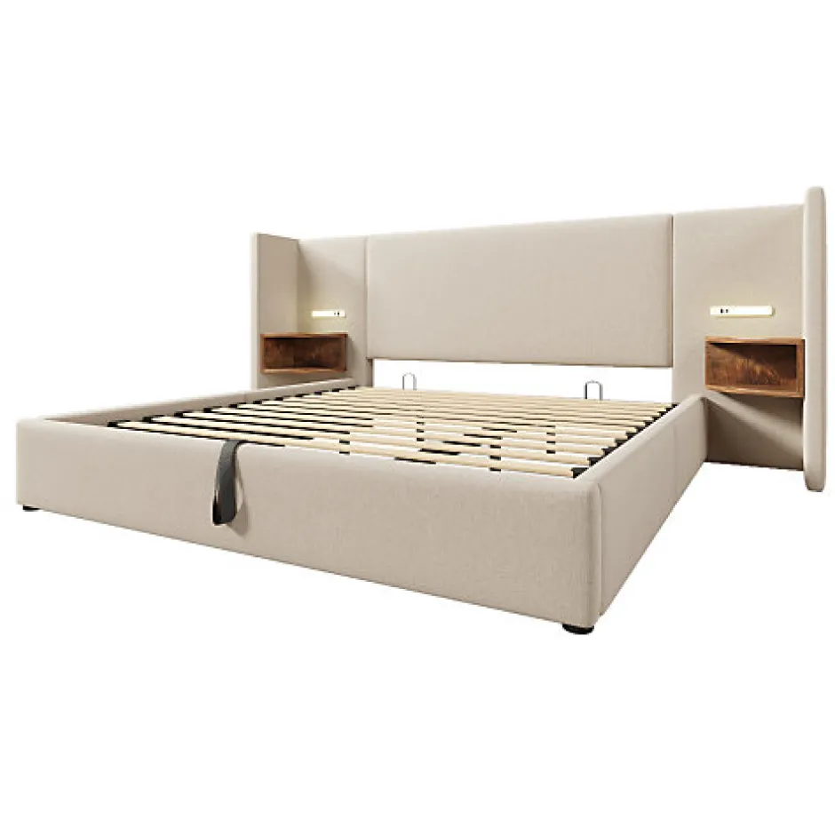ModernLuxe Lit coffre 180x200cm en lin - 2 tables de chavet avec liseuse - avec sommier à lattes - Beige