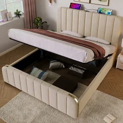 ModernLuxe Lit coffre 140x200cm en tissu lin - avec recharge USB+Type-C - décoré de bandes dorées - Beige