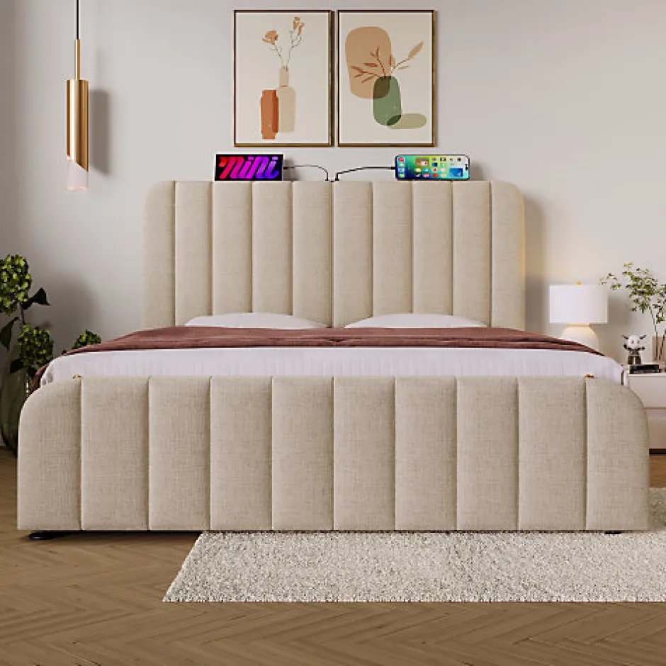 ModernLuxe Lit coffre 140x200cm en tissu lin - avec recharge USB+Type-C - décoré de bandes dorées - Beige