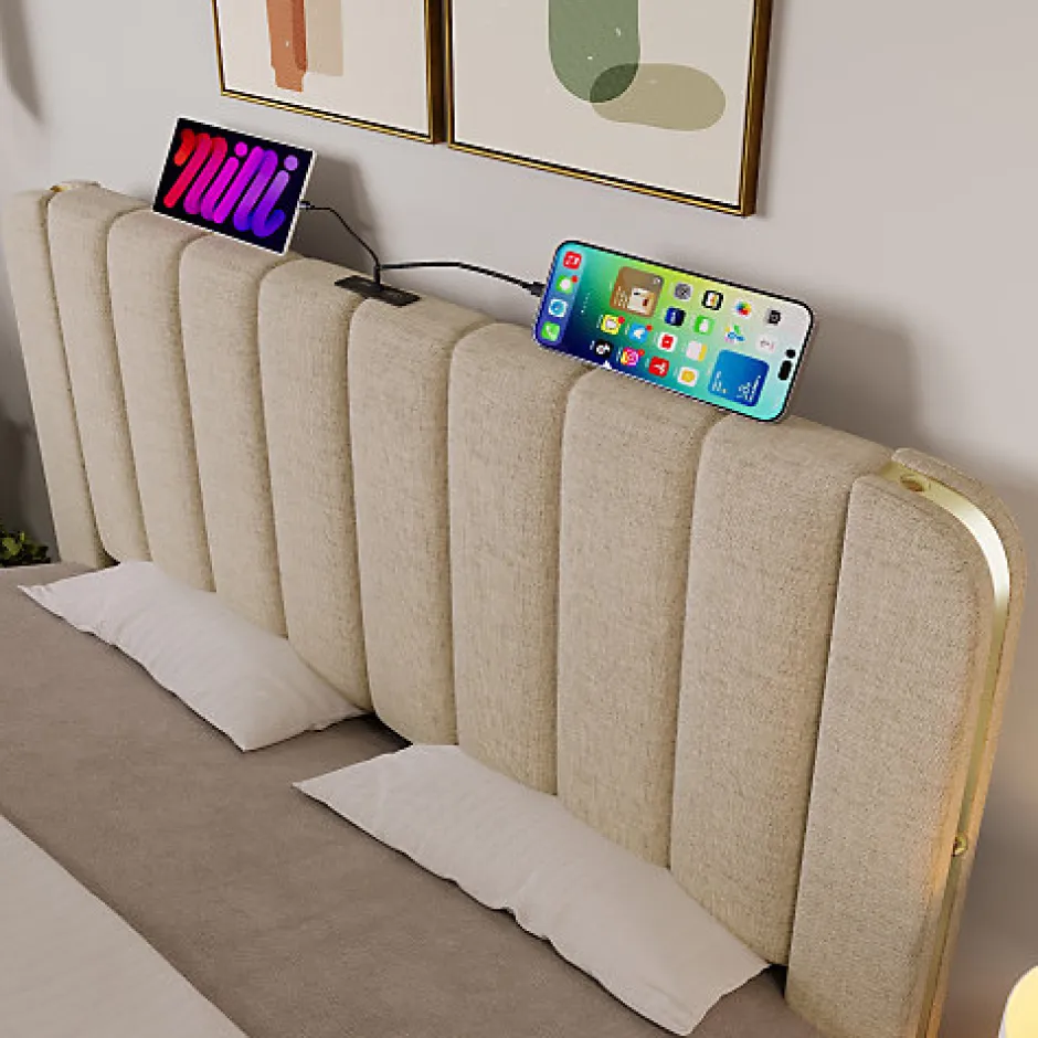 ModernLuxe Lit coffre 140x200cm en tissu lin - avec recharge USB+Type-C - décoré de bandes dorées - Beige