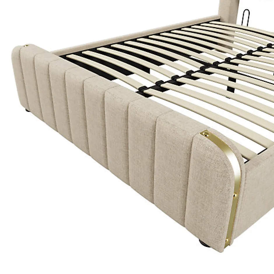 ModernLuxe Lit coffre 140x200cm en tissu lin - avec recharge USB+Type-C - décoré de bandes dorées - Beige