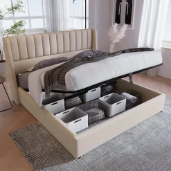 Generique Lit coffre 160x200cm en tissu lin - avec tête de lit et sommier à lattes - Beige