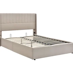 Generique Lit coffre 160x200cm en tissu lin - avec tête de lit et sommier à lattes - Beige