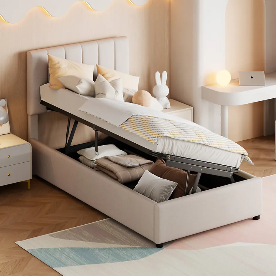 ProximaX Lit coffre 90x200cm, lit capitonné d'enfant en lin, avec sommier à lattes et tête de lit, beige