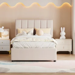 ProximaX Lit coffre 90x200cm, lit capitonné d'enfant en lin, avec sommier à lattes et tête de lit, beige