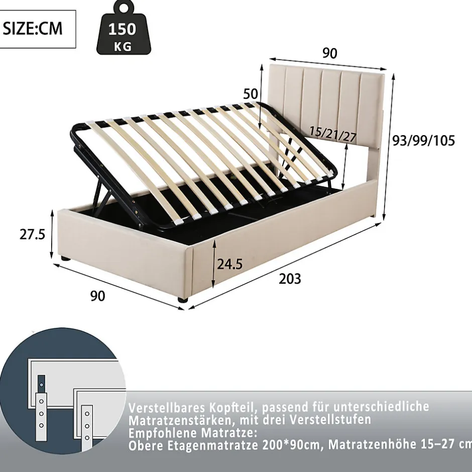 ProximaX Lit coffre 90x200cm, lit capitonné d'enfant en lin, avec sommier à lattes et tête de lit, beige