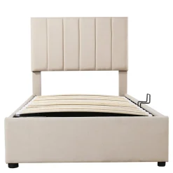 ProximaX Lit coffre 90x200cm, lit capitonné d'enfant en lin, avec sommier à lattes et tête de lit, beige