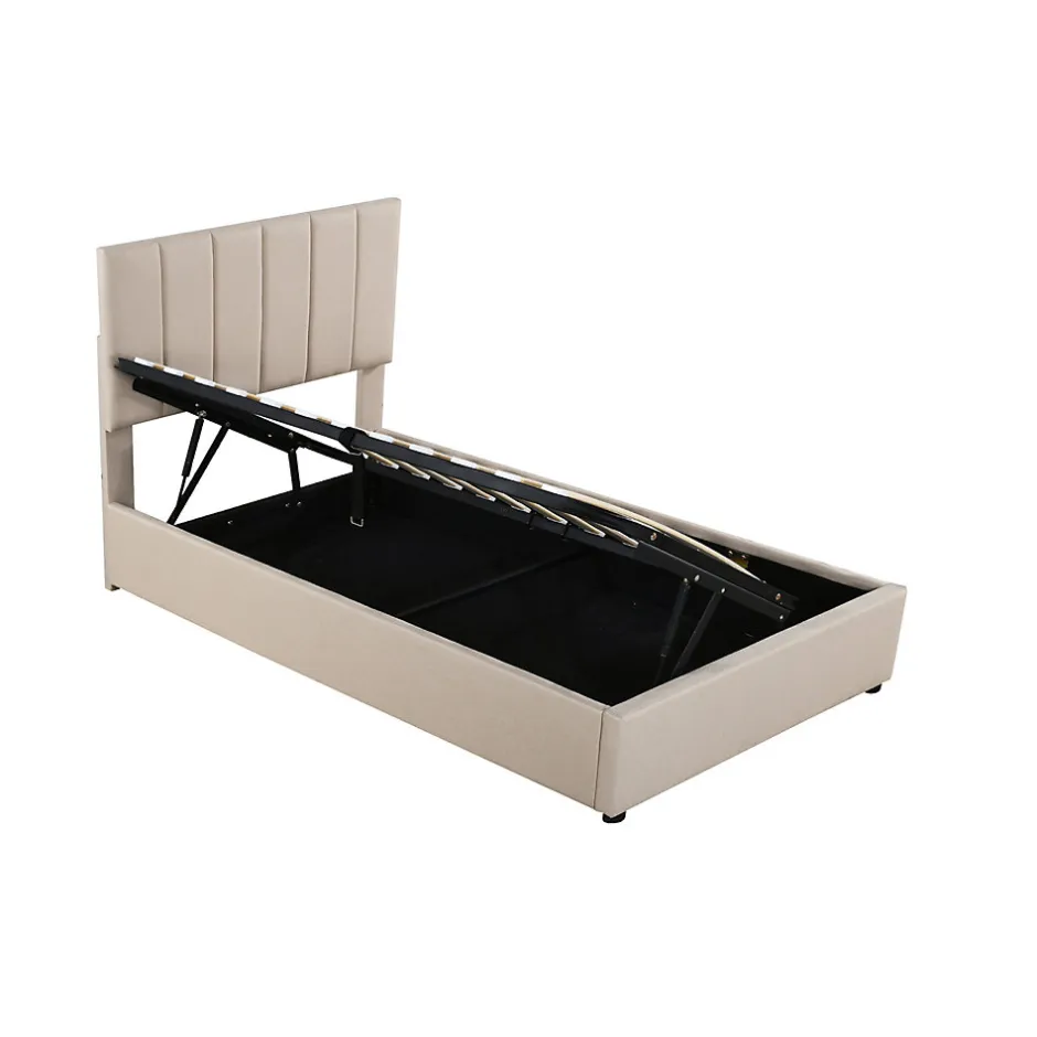 ProximaX Lit coffre 90x200cm, lit capitonné d'enfant en lin, avec sommier à lattes et tête de lit, beige
