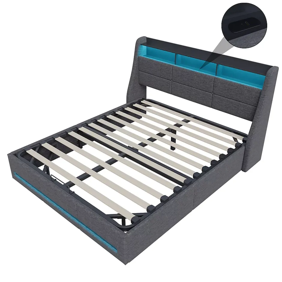 Generique Lit coffre 140x200cm rembourré en tissu lin - avec LED et Ports de charge - avec sommier à lattes - Gris New