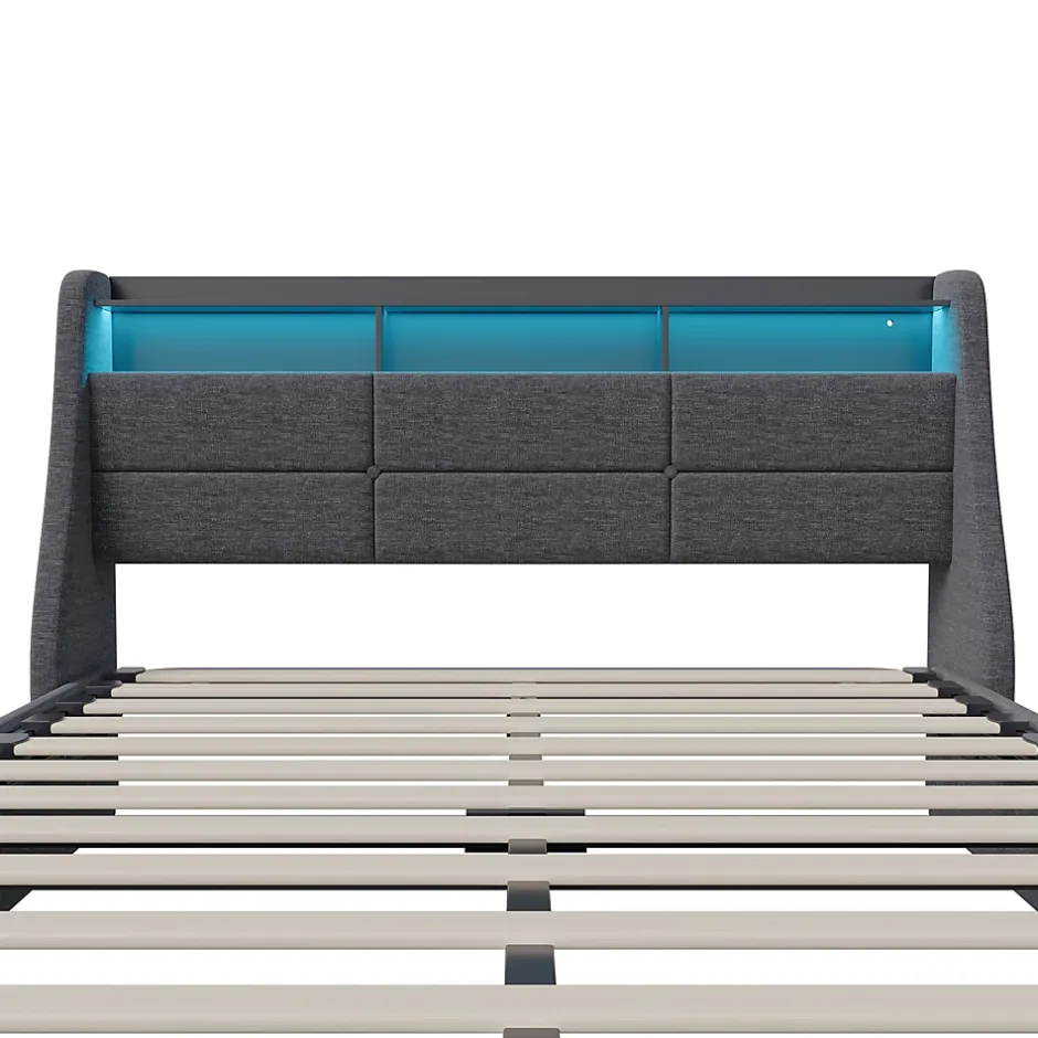 Generique Lit coffre 140x200cm rembourré en tissu lin - avec LED et Ports de charge - avec sommier à lattes - Gris New