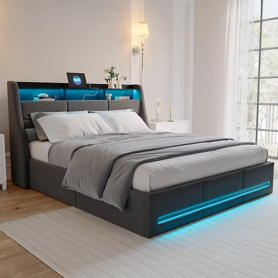 Generique Lit coffre 140x200cm rembourré en tissu lin - avec LED et Ports de charge - avec sommier à lattes - Gris New