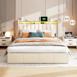 Simple Life Lit Coffre 140x200cm,avec Éclairage LED Et Port USB, Avec Tête De Lit Coffre,structure Stable, Beige Best