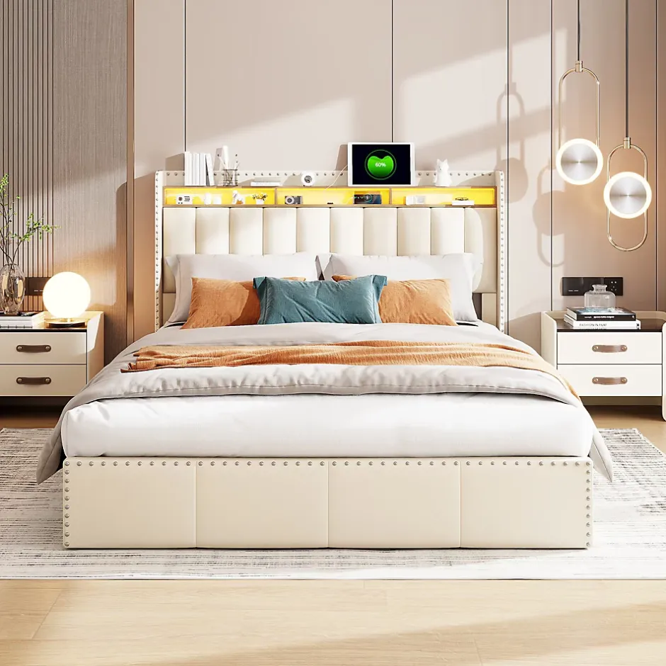 Simple Life Lit Coffre 140x200cm,avec Éclairage LED Et Port USB, Avec Tête De Lit Coffre,structure Stable, Beige Best