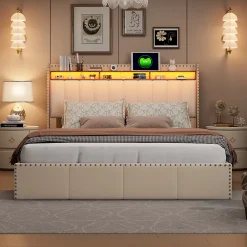 Simple Life Lit Coffre 140x200cm,avec Éclairage LED Et Port USB, Avec Tête De Lit Coffre,structure Stable, Beige Best