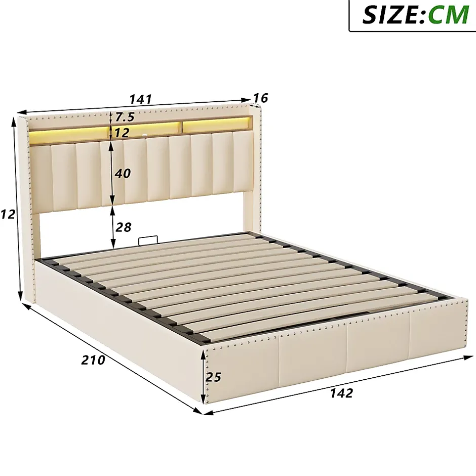 Simple Life Lit Coffre 140x200cm,avec Éclairage LED Et Port USB, Avec Tête De Lit Coffre,structure Stable, Beige Best