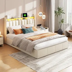 Simple Life Lit Coffre 140x200cm,avec Éclairage LED Et Port USB, Avec Tête De Lit Coffre,structure Stable, Beige Best